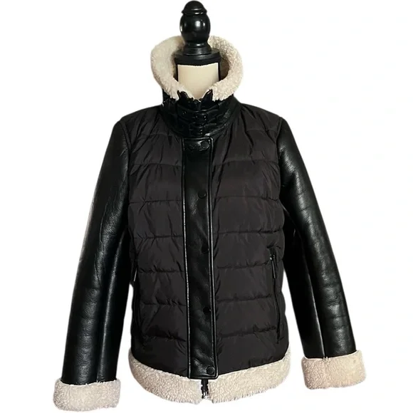 Michael Michael Kors Shearling Trim Faux leather sleeves Puffer Jacket. SZ.L - Picture 2 of 16